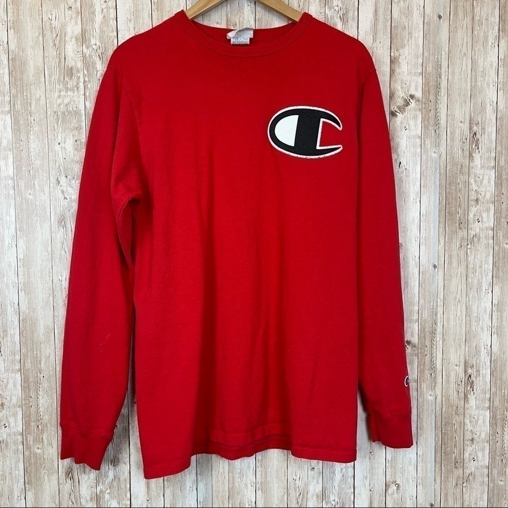 Champion Heritage C Patch Red Long Sleeve Crewneck Top Size Large Men - Picture 2 of 12